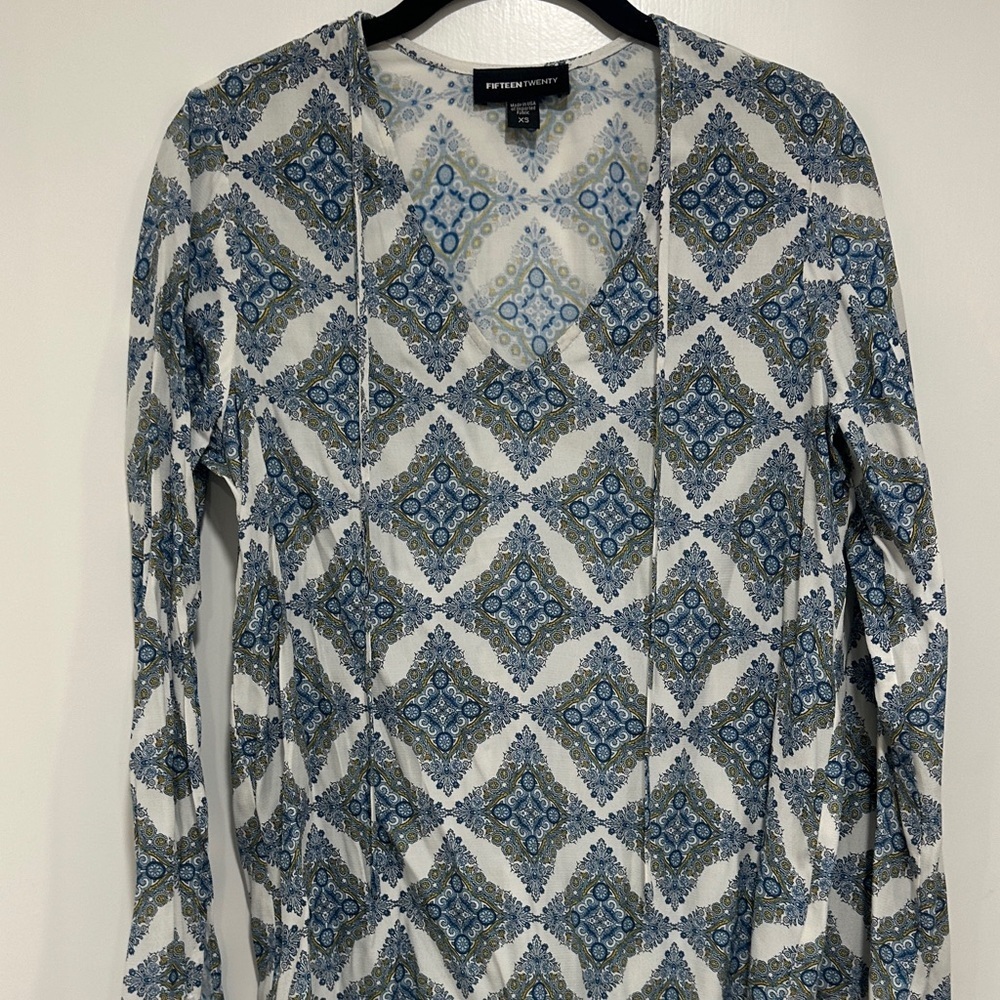 Fifteen Twenty Blue and White Patterned Long Sleeve Top 0024